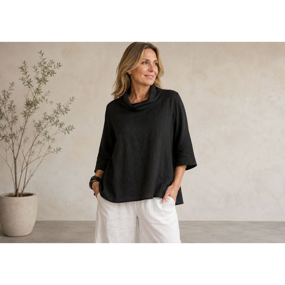 Bryn Walker XL Black 100% Linen Tunic Top Cowl Neck Made in USA Lagenlook Boho